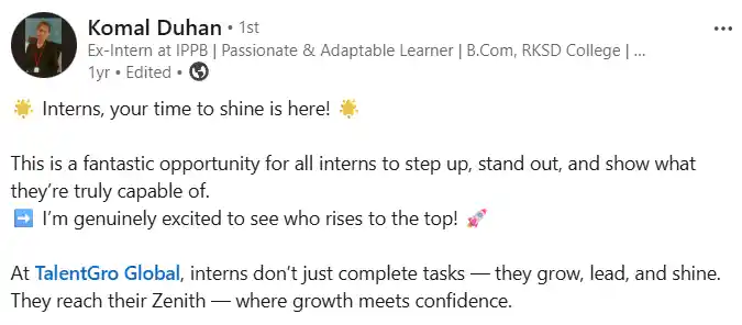 Real intern testimonial for TalentGro